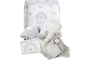 Baby Box Shop - 5 Newborn Essentials Ideal as and Christening Baby Gifts Unisex, Includes a Grey Elephant Baby Comforter, Flannel Wrap, 2x Muslin Cloths & Gift Message Card