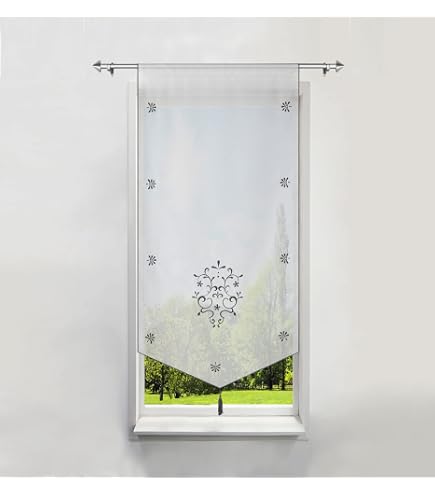 Rideau Brise-Bise BAILEY JO 40x90cm - Voile Transparent Hibou Gris Avec Pompons Pour Fenêtre