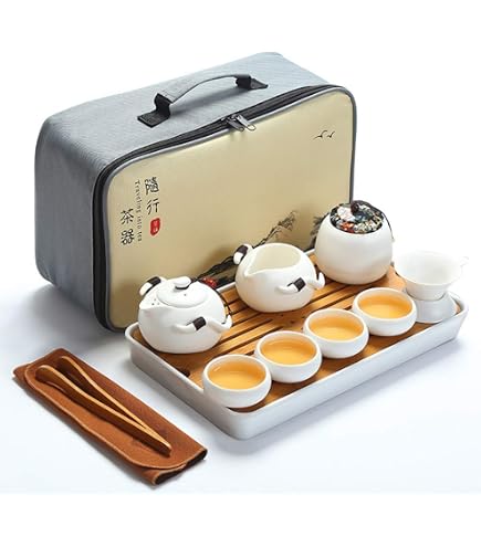 NUZAMAS Kit De Thé En Céramique De Voyage - Service à Thé Chinois Kung Fu Avec Sac De Transport, Fouet Matcha Et Ustensiles