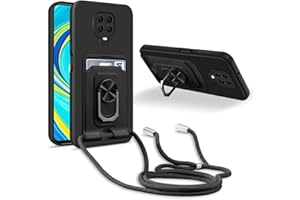 JMstore Handykette Schutzhülle Kompatibel mit Xiaomi Redmi Note 9S/Note 9 Pro/9 Pro Max,360° Ring Ständer magnetisches Eisenblech+Kartenfach Kameraschutz Stoßfester Silikon hülle-Schwarz