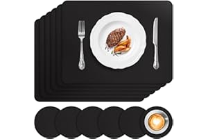 APLKER Tischset Leder 6er Set - Kunstleder Platzset Abwaschbar, Hitzebeständig Doppelseitigen Wasserdicht Platzdeckchen Lederoptik mit Tischuntersetzer, 16 x 12 Zoll,Schwarz