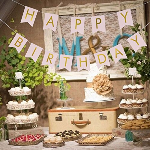 Happy Birthday Banner Papier Pompoms Blumen mit 2,5 Meter Streifen für Geburtstagsfeier Dekorationen (Rosa) - 5