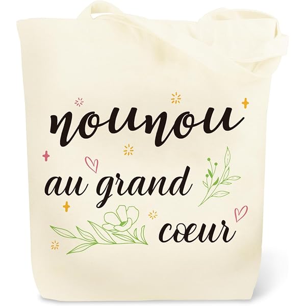 Tote Bag Brodé Nounou En Or – Sac Cabas 100% Coton Avec Poche – Cadeau Fin D’Année Ou Noël Pour Nounou Adorée