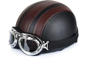 IONLYOU Annong Casque de Moto et Velo Bol Lunettes Retro Style de Vintage Cuir Harley Casque Moitié Helmets 54-60cm (Brown)