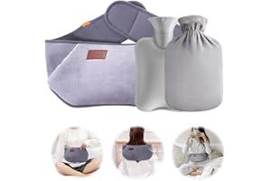 IWILCS Hot Water Bottle, Warm Hot Water Bag, Rubber Hot Water Pouch with Soft Plush Hand Waist Warmer Cover, Hot Water Bottle Belt for Neck, Shoulder, Back, Legs and Waist Warm(Gray)