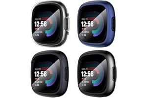 SUOMAN Diruite 4-Pack Cover for Fitbit Versa 4/Sense 2 Screen Protector Case,HD Shockproof Soft TPU Full Protection Scratch-Resistant,Black&Gun Color&Blue&Clear
