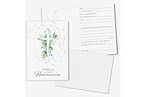 ‎YOUNIKAT younikat Einladungskarten Kommunion I 15x DIN A6 zum Ausfüllen mit Lückentext I inkl. Umschlägen I Klappkarte Eukalyptus Fische Kreuz I dv1560