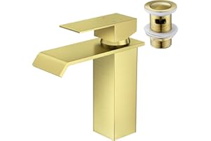 CREA Grifo de Baño en Cascada Oro, Grifo Lavabo Caño Cascada, Moderno Grifo Monomando Lavabo, Grifo Mezclador Lavabo Monomando Cascada, Dorado Cepillado