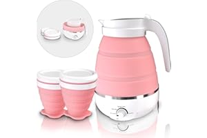 KISEELY Bouilloire électrique pliable, bouilloire de voyage avec 2 tasses pliables, chaudière portable avec plusieurs réglages, chauffe - eau pliable pour thé au café au lait (Couleur rose K1)