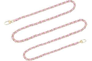 sourcing map Purse Chain Strap, 55" Leather Iron Flat Chain Strap Handbag Chains Purse Straps with Buckles for Shoulder and Cross Body Bags Replacement Strap (Pink Strap + Gold Chain)