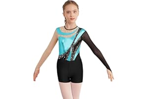 CHICTRY Kids Girls Sparkly Rhinestones Long Sleeve Gymnastics Dance Leotard Bodysuit Biketard Top with Shorts Set Swimwear