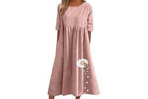 Zeiayuas Cotton Linen Dresses for Women T Shirts Summer Midi Dress Short Sleeve Round Neck Long Dress Ladies Beach Loose Solid Color Casual Dresses UK Plus Size 8-22