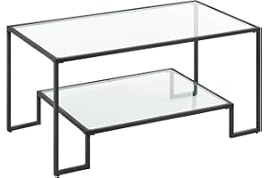 ‎VASAGLE VASAGLE LGT033B61 stolik kawowy, szklany stół, 2 półki ze szkła hartowanego, stelaż stalowy, 55 x 100 x 45 cm, dekoracja, do salonu, kolor czarny podstawowy