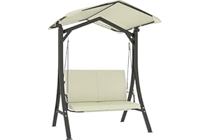 ‎OUTSUNNY Outsunny Hollywoodschaukel mit verstellbarem Sonnendach Sitzauflage, 2-Sitzer Gartenschaukel belastbar bis 220kg, UV 30+ Schaukelbank für Garten, Terrasse, 150x120x182cm, Cremeweiß