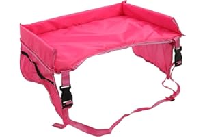 NIKTULE Foldable Kids Travel Tray, Portable Car Seat Game Lap Desk, Toddler Snack Waterproof Play Activity Dining Table Storage Holder for Stroller Car Airplane Trip, Rose Red