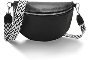 VidFair Umhängetasche Damen Groß Bauchtasche Stylisch Elegante Moderne Leder Wasserabweisend Crossbody Bag Breiter Gurt Bauchtasche Taschen mit Abnehmbarem Schultergurt Festival Reise Alltag Schwarz