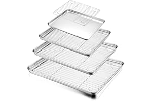 HaWare Baking Tray with Rack Set (4 Sheets + 4 Racks), 100% Stainless Steel Rimmed Cookie Sheet Pans, Toaster Oven Tray with Cooling Rack, Non Toxic & Healthy, Rust Free & Dishwasher Safe - 8 Pieces