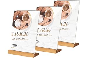 Niciksty A5 Soporte de Sobremesa, 3 Piezas Soporte A5 para Letreros de Acrílico, Base de Madera, Acrílico Menu Soporte para Restaurantes, Hotel, Tienda