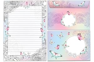 ‎LIMONIA Briefpapier-Set Briefblock mit Umschlag für Mädchen Kinder Schmetterlinge Blumen (Block A5 mit 25 Blätter + 15 Umschläge)