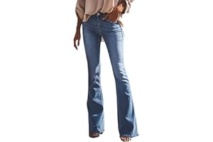 Petalum Women Flared Jeans Bootcut Trousers Solid Color Fashion Slim Fit High Waist Stretch Skinny Denim Pants with Holes