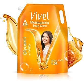 Vivel Moisturizing Body Wash, Glycerin & Honey Shower Gel, 1500 ml Supersaver XL Refill Pouch, For Soft, Glowing Skin, Mild and Pure Bodywash, For Wom
