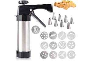Bubuny Presse à Pâtisserie, Professionnelle a Patisserie Aciers Inoxydables Machine à Biscuits, Presse à Biscuits en Acier Inoxydable avec 8 pochoirs, 8 Douilles, Accessoires de pâtisserie DIY