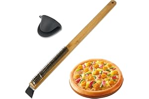 FROTOX Spazzola per forno per pizza Spazzola per la pulizia della pietra della pizza con raschietto Strumento di pulizia della griglia del barbecue con manico in legno spazzola per forno per pizza con