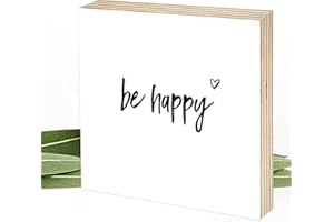 Wunderpixel® Holzbild be happy - 15x15x2cm zum Hinstellen/Aufhängen, echter Fotodruck mit Spruch auf Holz - schwarz-weißes Wand-Bild Aufsteller zur Dekoration oder Geschenk-Idee - sei glücklich!