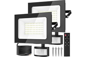 papasbox 2 sztuki reflektorów LED 50 W z czujnikiem ruchu na zewnątrz | reflektor zewnętrzny z pilotem zdalnego sterowania | 6500 K zimna biel IP66 wodoszczelny reflektor do ogrodu, garażu, na boisko