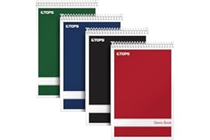 TOPS spirale Steno livres, 15,2 x 22,9 cm, Gregg Rule, papier blanc, couvertures assorties, 80 feuilles par livre, 4 livres par lot (80220)