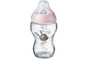 Tommee Tippee Closer to Nature Glass Baby Bottle, Slow Flow Breast-Like Teat with Anti-Colic Valve, 250ml, Pack of 1, Colours May vary