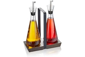 GEFU 34656 Aceitera, Acero Inoxidable de Alta Calidad, Superficie Negra, Madera de Acacia, Vidrio de borosilicato, plástico