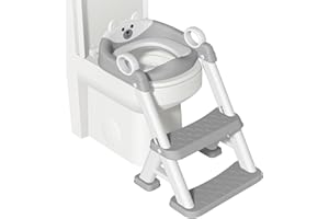 GOLDENOUGH Reducteur Toilette Enfant, 2 en 1 Rehausseur Toilette Enfant pour Garçons et Filles, Siège de Toilette Enfants avec Escalier Pédale Allongée et Coussin, Abattant WC Antidérapant Échelle Réducteur Gris