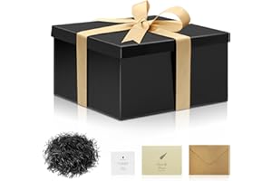 SEKEPINGO Black Gift Box with Lid, 20 * 20 * 10cm Luxury Packaging Box with Ribbon, Shredded Paper, Greeting Card-Easy Assembly Party Favor Box for Bridal Shower, Christmas, Birthday, Wedding, Valentines