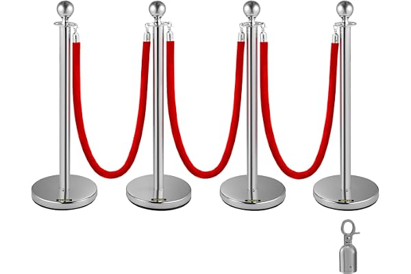 VEVOR 4 Poteaux de Guidage Séparation Argenté avec 3 Cordes Velours Rouges 1,5 m, 4 PCS Fils d'Attente Barrière de Queue Poteau Individuel de Sécurité 96 cm Hauteur pour Contrôle Séparation de Foule