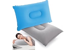 Jidyllic Nadmuchiwane poduszki, 2 szt., nadmuchiwana poduszka kempingowa, kompaktowa, przenośna, nadmuchiwana poduszka flokowana na szyję i podparcie lędźwiowe, 34 x 22 cm (szara + niebieska)