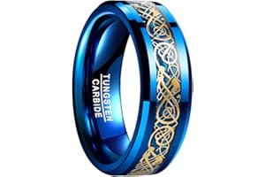 NUNCAD Bague Homme Dragon Celtique, Anneau en Tungstène avec Fibre de Carbone, 8mm, Bague/Bleu/Or/Noir/Rouge