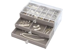Terafeels Earring Storage Box Acrylic Clear Drawer Desk Organiser - Jewellery Box for Women Girls with 3 Drawers Velvet for Bangle Bracelet Necklace and Rings Boxes Earring 1504