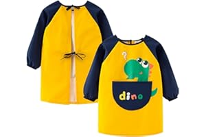 FAMIDIQGO Dziecięcy fartuch z tworzywa sztucznego, wodoszczelny, dla dziewcząt, chłopców, z długim rękawem, dla artystów, z kieszenią do malowania, pieczenia