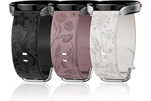 GRTREES Floral Gravierte Armband Kompatibel mit Samsung Galaxy Watch 7/ FE/ 6/ 5/ 4/ Active 2 40mm 44mm/ 5 Pro 45mm/ Watch 6/ 4 Classic 43mm 47mm 42mm 46mm , 3 Stück 20mm Silikon Ersatzarmband für Damen BSS