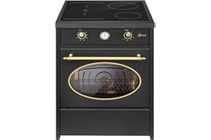 GURARI Induktionsherd mit Backofen 60 cm GCH E 612 BL r + Grillplatte aus Gusseisen | Retro Range Coocker |4 Kochzonen mit Booster (2 Kreise Kochzonen + 1 Flex Zone)| Herd Induktion in Schwarz