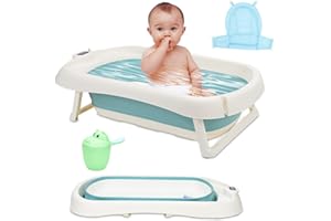Jopassy Składana wanna dla niemowląt 3 w 1, ergonomiczna wanna dla niemowląt z termometrem dla niemowląt i noworodków, w zestawie poduszka do siedzenia, składana wanna, kubek do mycia włosów (zielona)