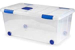 KINGNET Cajas Almacenaje Plástico con Tapa y Cierre a Presión, Cajas Oranizadoras Transparente, Perfecta para Almacenar Ropa, Juguete, Libro y Productos de hogar (Nº7-61Litros, Unidad)