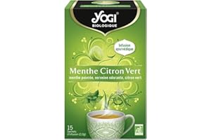 Yogi Biologique Menthe Citron Vert, Infusion 100% Bio Menthe poivrée, Verveine, Citron Vert, 15 Sachets thermosoudés et sans agrafe, 30g, 312316