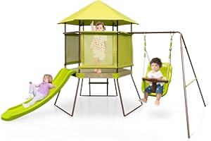 RELAX4LIFE 4 in 1 Parco Giochi in Legno, Altalena da Giardino con Scivolo per Bambini, Altalena Regolabile in Altezza, Casetta da Gioco per Bambini, 225 x 203 x 168 cm
