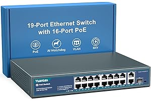 YuanLey 16 Port PoE Switch with 2 Gigabit Ethernet Uplink, 1 SFP Port, 250W PoE+ Port Support 802.3af/at, Unmanaged Network Switch with AI Watchdog, VLAN, 6KV Protection, Rackmount Plug and Play