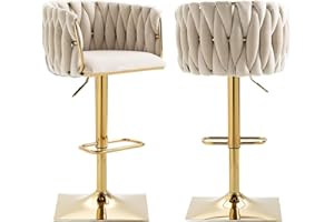 SUPPNEED Juego de 2 taburetes de bar de terciopelo con respaldo trenzado a mano, sillas de bar ajustables con reposapiés y base cromados, silla auxiliar con respaldo de barril para cocina y comedor