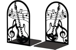 Peacoblue Metal Bookend Stopper Holder Stand for Shelves Decorative, 13.5x11x20 Modern Creative Heavy Duty Study Book End for Desk Shelf, 1 Pair (Guitar and Music Note)