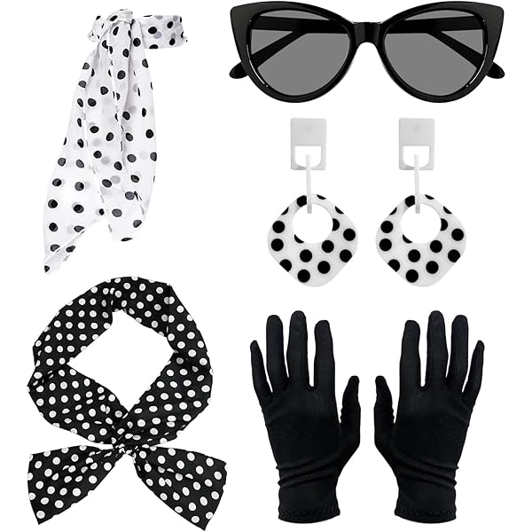 Set Accessori Anni 50 Donna - 7 Pezzi Costume Vintage Con Gonna A Pois, Fascia, Sciarpa E Orecchini Per Feste - Foto 7