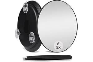 HMGGOOFA 5X Magnifying Mirror, 6'' Makeup Mirror with 5X Magnification, 5X Magnifying Mirror with Suction Cups, Large Makeup Magnifying Mirror Compact Magnified Mirror, Travel Makeup Magnification and Tweezers
